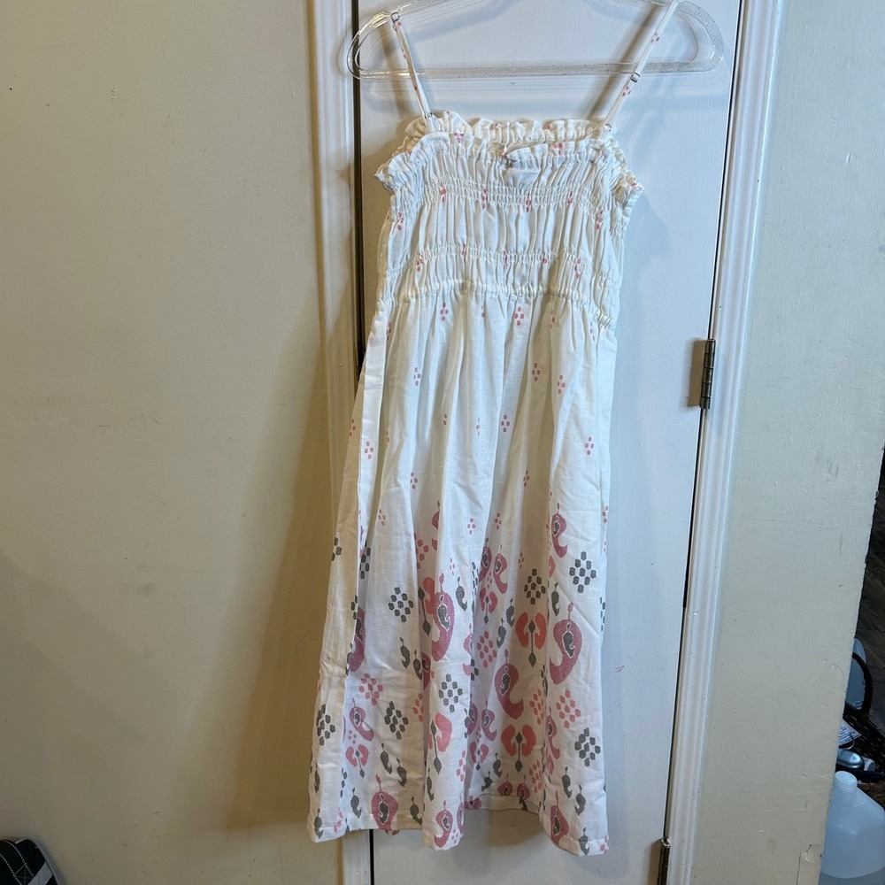 Bombay Paisley White Pink Block Print Smocked Midi Dress Cotton Linen Small